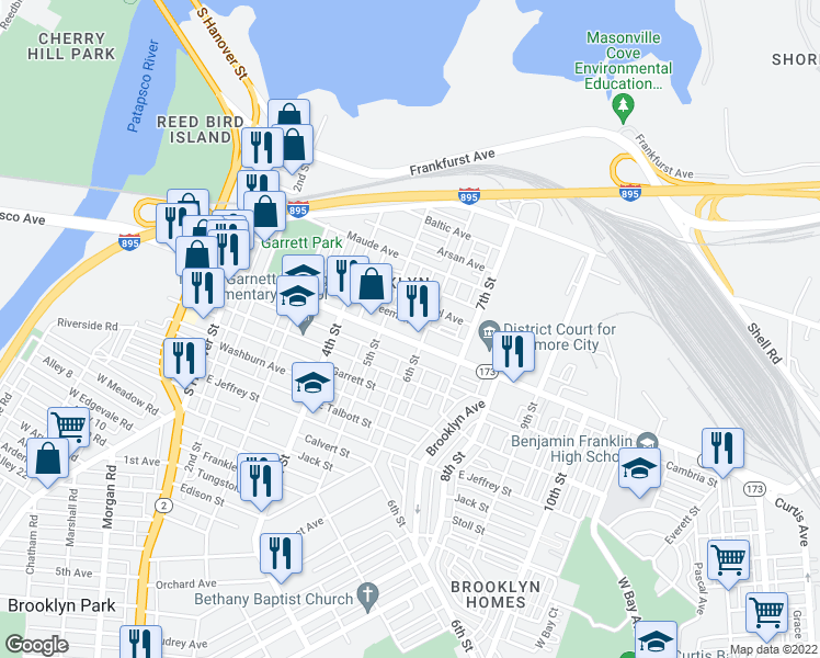 map of restaurants, bars, coffee shops, grocery stores, and more near 528 East Patapsco Avenue in Baltimore