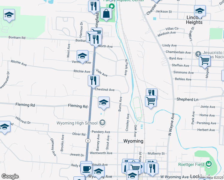 map of restaurants, bars, coffee shops, grocery stores, and more near Chestnut Avenue in Wyoming