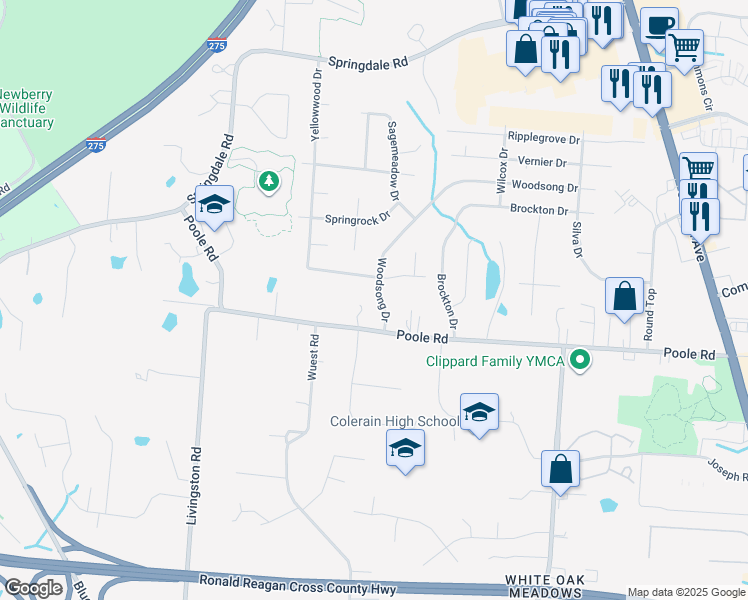 map of restaurants, bars, coffee shops, grocery stores, and more near 3956 Woodsong Drive in Cincinnati