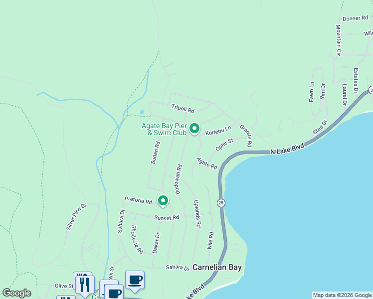 map of restaurants, bars, coffee shops, grocery stores, and more near 5858 Dodowah Road in Carnelian Bay