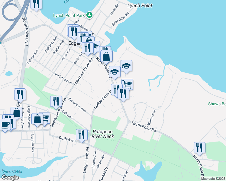 map of restaurants, bars, coffee shops, grocery stores, and more near 2861 Lodge Farm Road in Sparrows Point