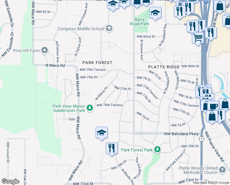 map of restaurants, bars, coffee shops, grocery stores, and more near 7709 North Pomona Place in Kansas City