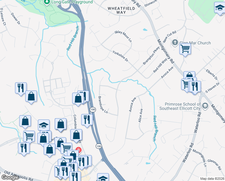 map of restaurants, bars, coffee shops, grocery stores, and more near 4907 Harrogate Road in Ellicott City