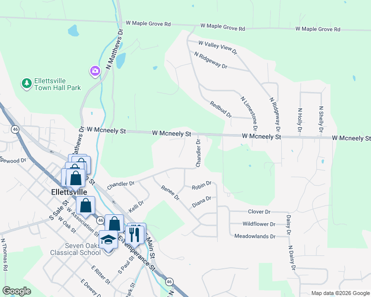 map of restaurants, bars, coffee shops, grocery stores, and more near 5994 North Ajuga Court in Ellettsville