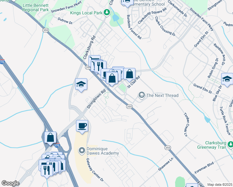 map of restaurants, bars, coffee shops, grocery stores, and more near 23211 North Frederick Road in Clarksburg