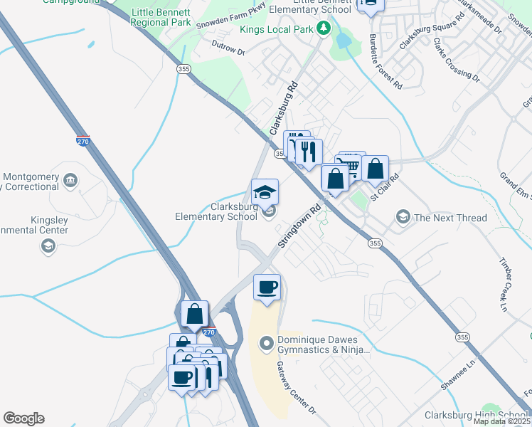 map of restaurants, bars, coffee shops, grocery stores, and more near 13530 Redgrave Place in Clarksburg
