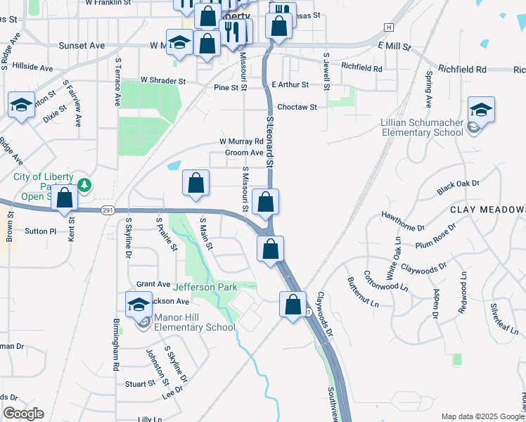 map of restaurants, bars, coffee shops, grocery stores, and more near 718 South Leonard Street in Liberty