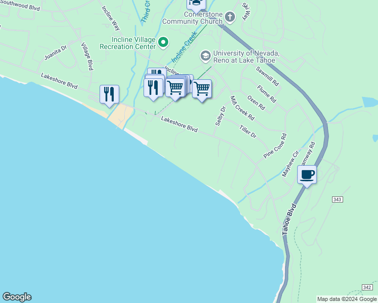 map of restaurants, bars, coffee shops, grocery stores, and more near 1041 Lakeshore Boulevard in Incline Village