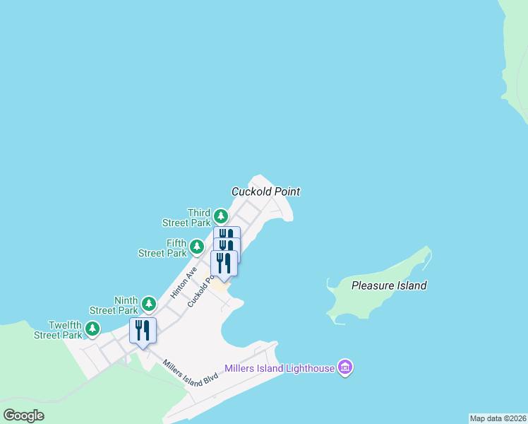 map of restaurants, bars, coffee shops, grocery stores, and more near 9205 Cuckold Point Road in Sparrows Point