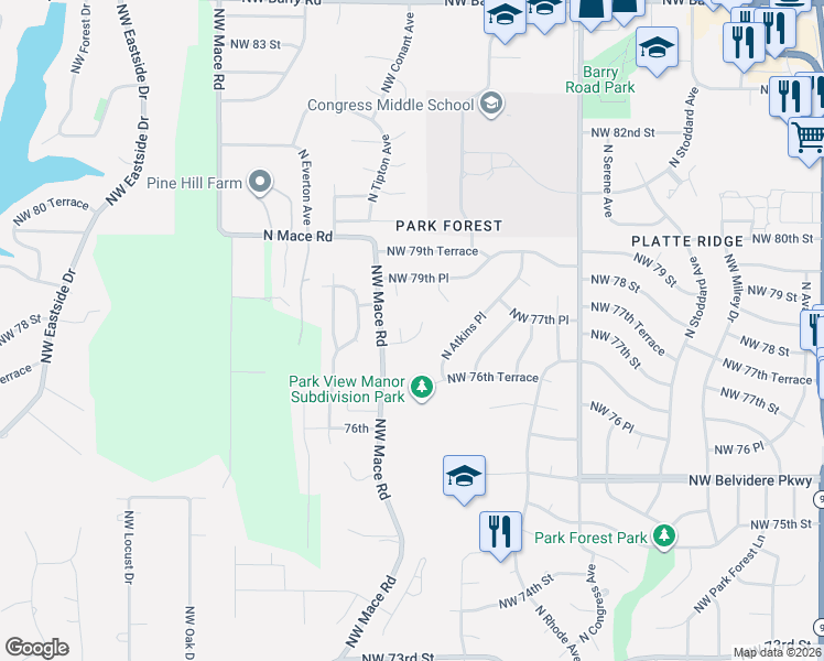 map of restaurants, bars, coffee shops, grocery stores, and more near 8122 Northwest 77th Court in Kansas City
