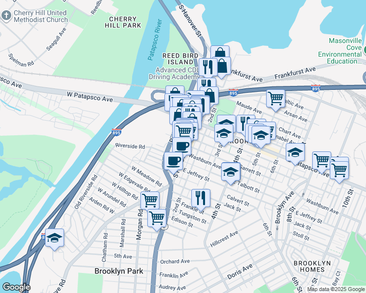 map of restaurants, bars, coffee shops, grocery stores, and more near 3730 South Hanover Street in Baltimore