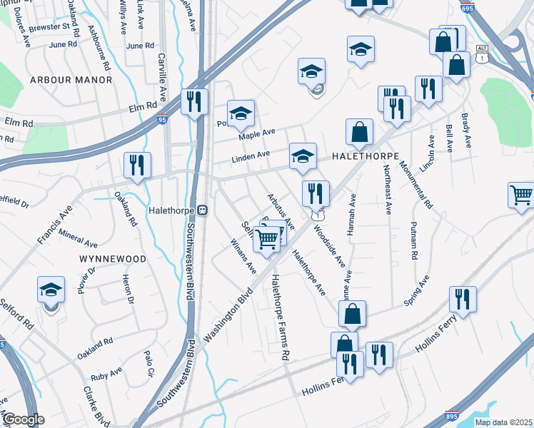 map of restaurants, bars, coffee shops, grocery stores, and more near 1801 Park Avenue in Halethorpe