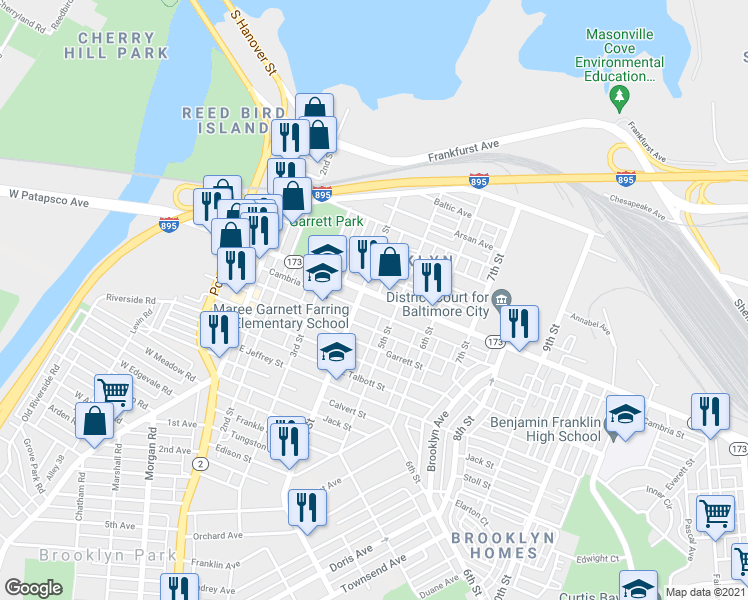 map of restaurants, bars, coffee shops, grocery stores, and more near 413 East Patapsco Avenue in Baltimore