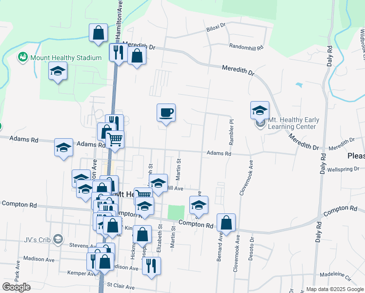 map of restaurants, bars, coffee shops, grocery stores, and more near 1466 Adams Road in Cincinnati