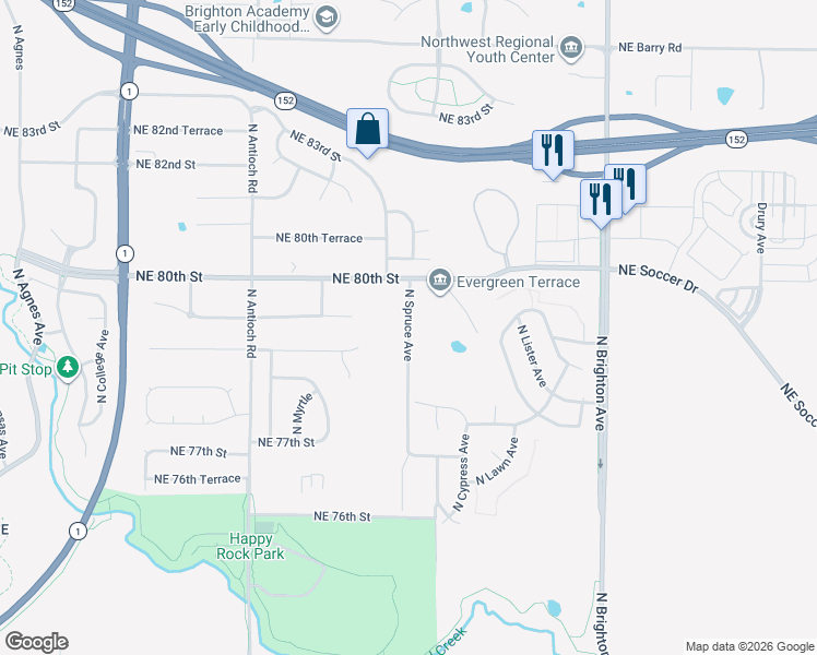 map of restaurants, bars, coffee shops, grocery stores, and more near 7811 North Spruce Avenue in Kansas City
