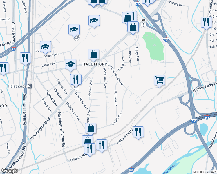 map of restaurants, bars, coffee shops, grocery stores, and more near 1933 Northeast Avenue in Halethorpe