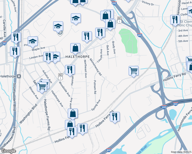 map of restaurants, bars, coffee shops, grocery stores, and more near 2019 Putnam Road in Halethorpe