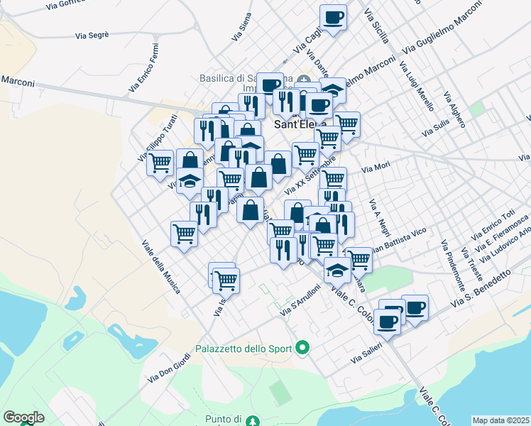 map of restaurants, bars, coffee shops, grocery stores, and more near 71 Viale C. Colombo in Quartu Sant'Elena