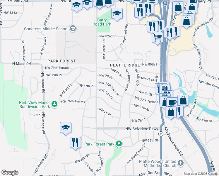 map of restaurants, bars, coffee shops, grocery stores, and more near 7317 Northwest 77th Terrace in Kansas City