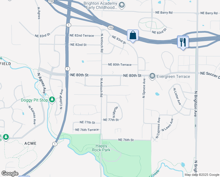 map of restaurants, bars, coffee shops, grocery stores, and more near 3911 Northeast 79th Terrace in Kansas City
