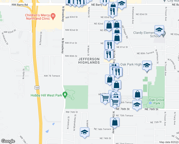 map of restaurants, bars, coffee shops, grocery stores, and more near 2 Northeast Ferrell Lane in Kansas City
