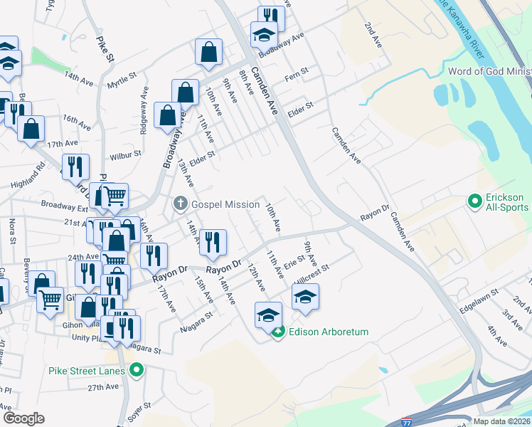 map of restaurants, bars, coffee shops, grocery stores, and more near 4308 10th Avenue in Parkersburg