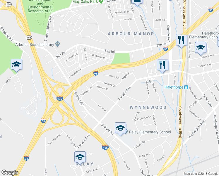 map of restaurants, bars, coffee shops, grocery stores, and more near 1154 Oakmoor Court in Halethorpe