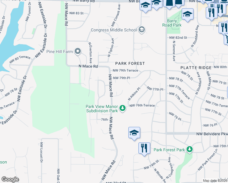 map of restaurants, bars, coffee shops, grocery stores, and more near 8122 Northwest 77th Court in Kansas City