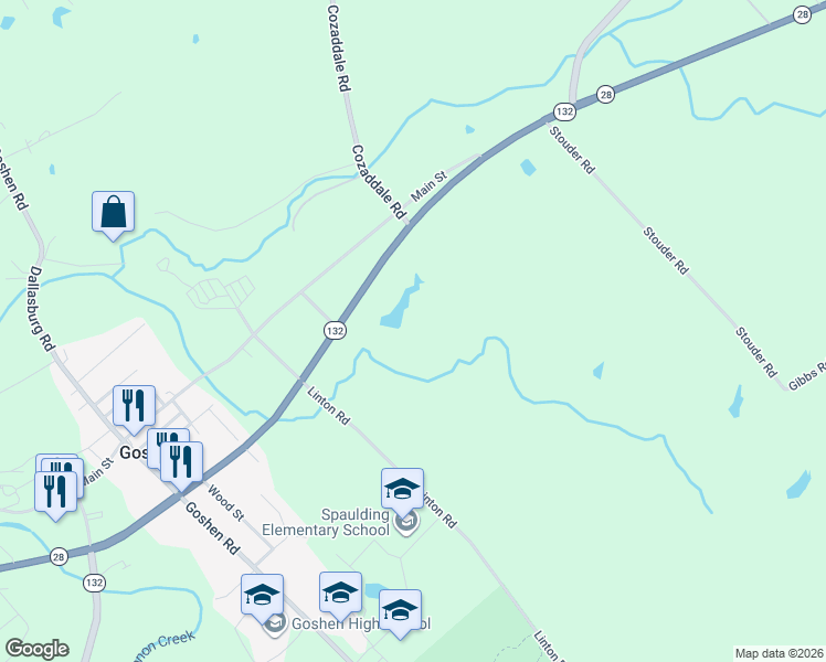 map of restaurants, bars, coffee shops, grocery stores, and more near 1945 Ohio 28 in Goshen