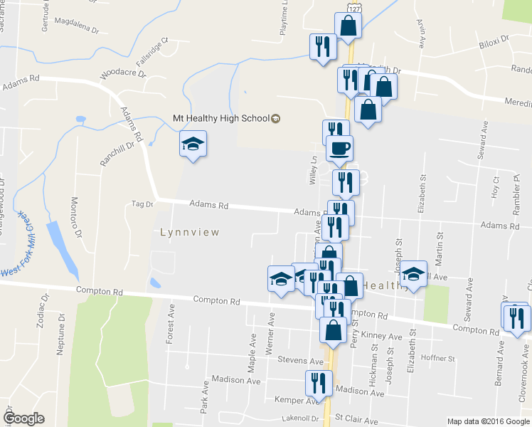 map of restaurants, bars, coffee shops, grocery stores, and more near 1815 Adams Road in Cincinnati