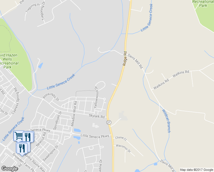 map of restaurants, bars, coffee shops, grocery stores, and more near 23219 Yellowwood Drive in Clarksburg