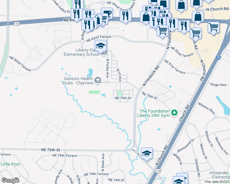 map of restaurants, bars, coffee shops, grocery stores, and more near 7912 North Hunter Avenue in Kansas City