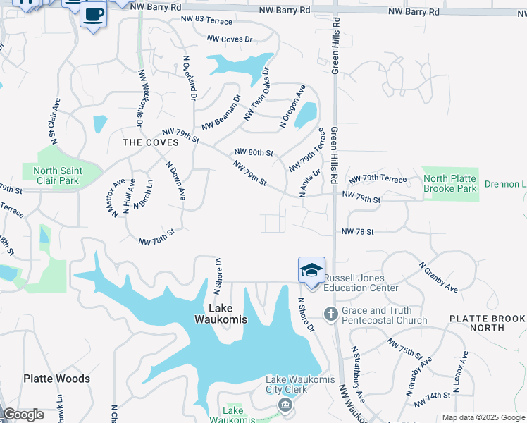 map of restaurants, bars, coffee shops, grocery stores, and more near 4800 Northwest 78th Terrace in Kansas City