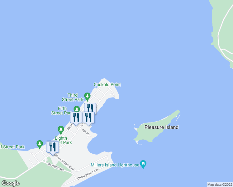 map of restaurants, bars, coffee shops, grocery stores, and more near 2699 Bay Drive in Sparrows Point