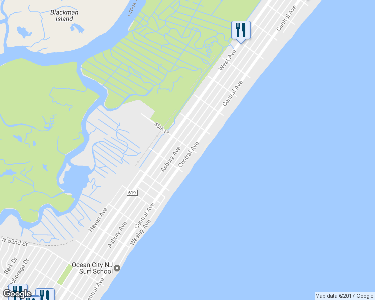 map of restaurants, bars, coffee shops, grocery stores, and more near 4500 Central Avenue in Ocean City