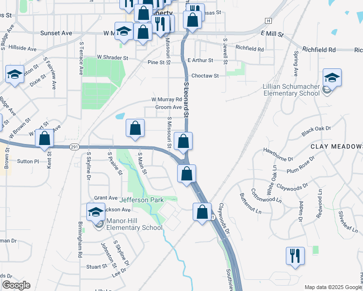 map of restaurants, bars, coffee shops, grocery stores, and more near 714 South Leonard Street in Liberty