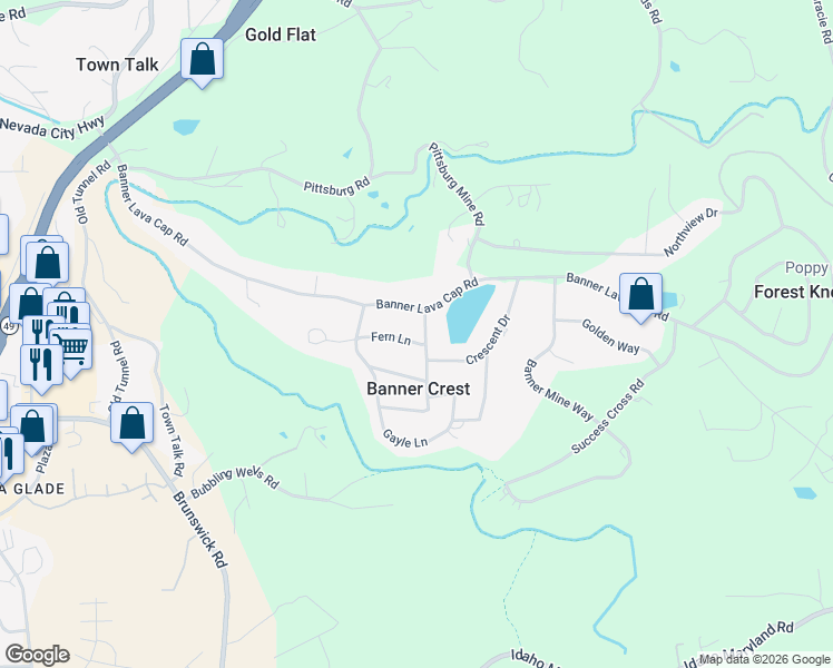 map of restaurants, bars, coffee shops, grocery stores, and more near 12780 Boreham Lane in Nevada City