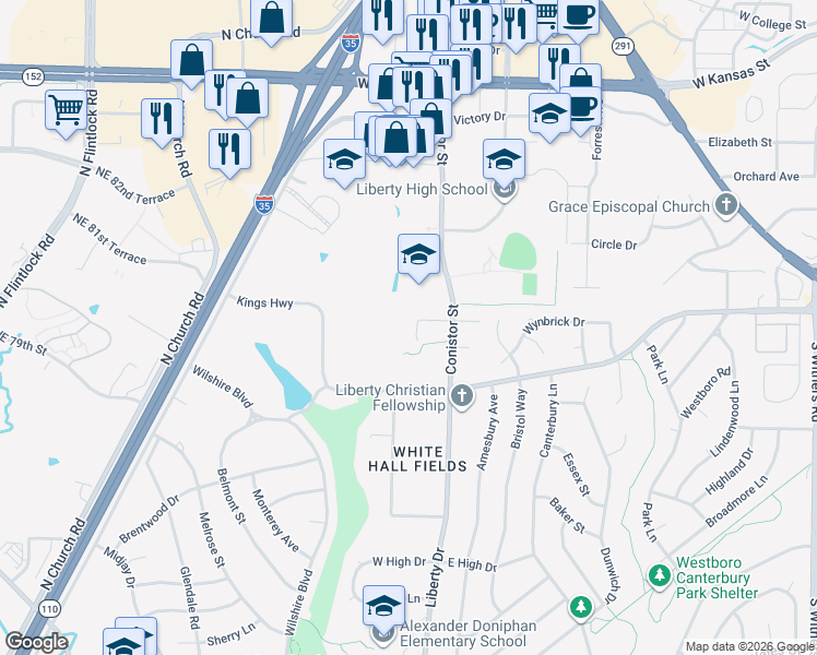 map of restaurants, bars, coffee shops, grocery stores, and more near 708 Riverwood Drive in Liberty