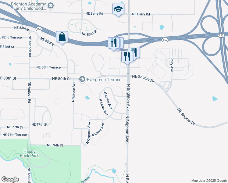 map of restaurants, bars, coffee shops, grocery stores, and more near 4820 Northeast 79th Street in Kansas City