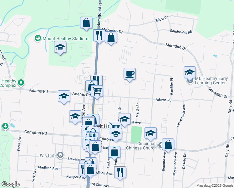 map of restaurants, bars, coffee shops, grocery stores, and more near 1536 Adams Road in Cincinnati