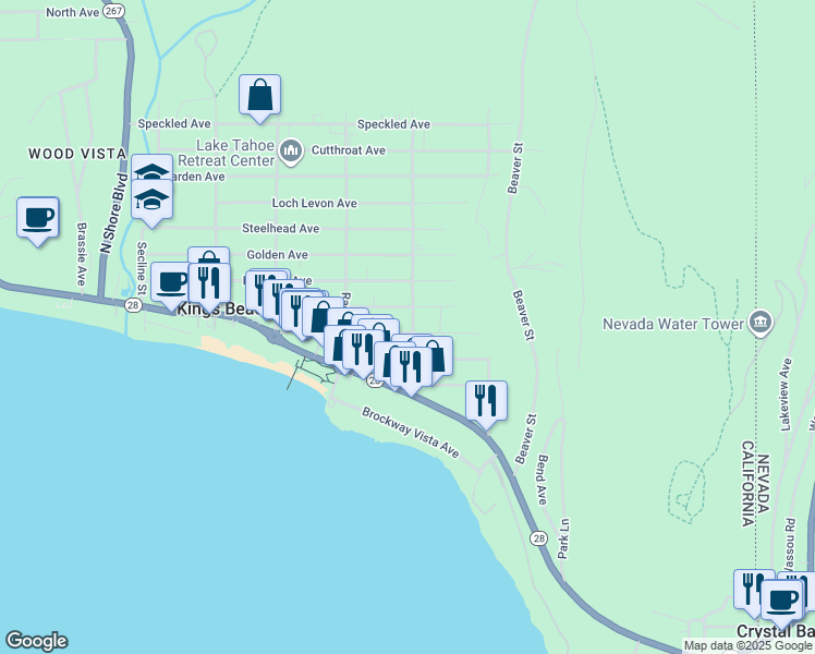 map of restaurants, bars, coffee shops, grocery stores, and more near 281 Fox Street in Kings Beach
