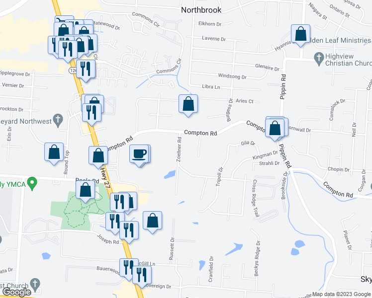 map of restaurants, bars, coffee shops, grocery stores, and more near 9154 Zoellner Drive in Cincinnati