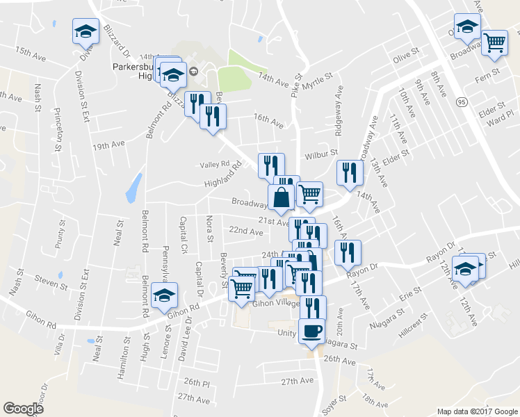 map of restaurants, bars, coffee shops, grocery stores, and more near 2606 Broadway Exd in Parkersburg