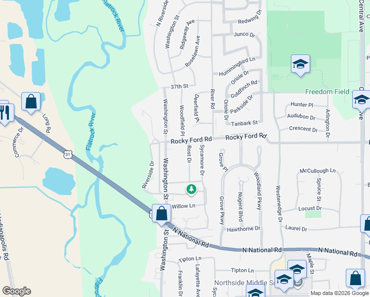 map of restaurants, bars, coffee shops, grocery stores, and more near 3442 Rost Drive in Columbus