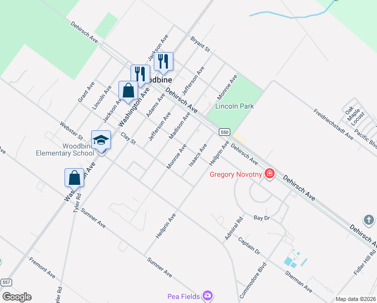 map of restaurants, bars, coffee shops, grocery stores, and more near 909 Franklin Street in Woodbine