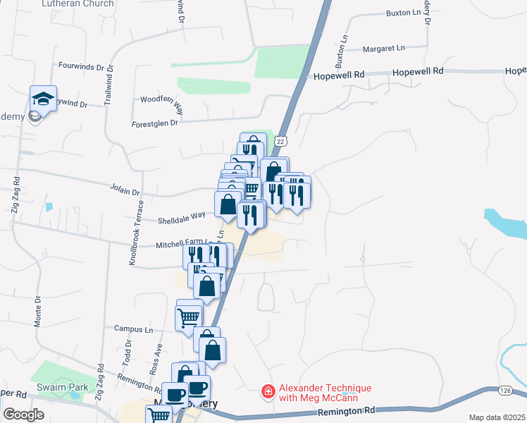 map of restaurants, bars, coffee shops, grocery stores, and more near 9990 Montgomery Road in Montgomery