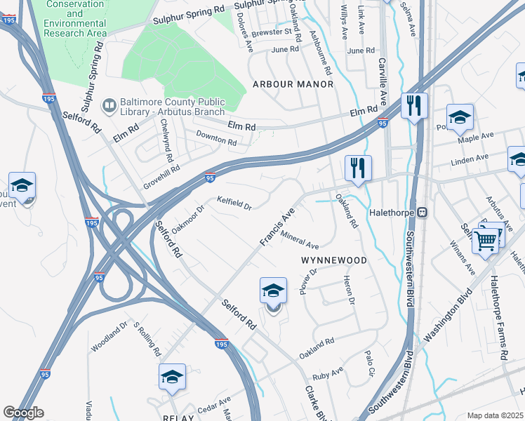map of restaurants, bars, coffee shops, grocery stores, and more near 1177 Kelfield Drive in Halethorpe