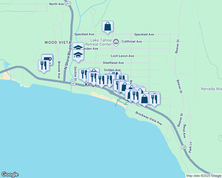 map of restaurants, bars, coffee shops, grocery stores, and more near 8445 Brook Avenue in Kings Beach