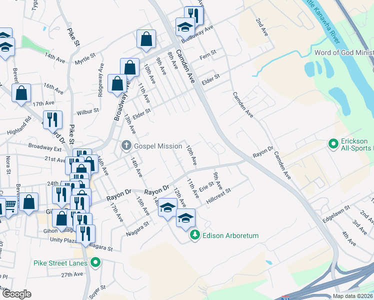 map of restaurants, bars, coffee shops, grocery stores, and more near 4308 10th Avenue in Parkersburg