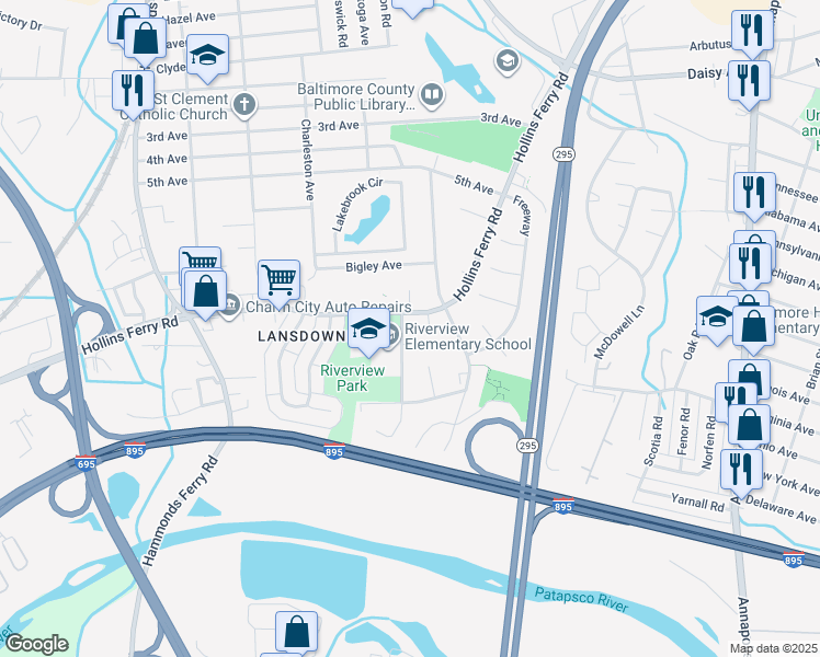 map of restaurants, bars, coffee shops, grocery stores, and more near 3173 Kessler Road in Halethorpe